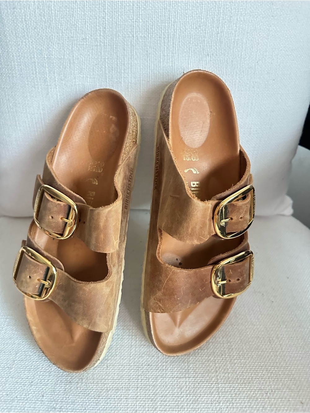 Birkenstock Tan Leather Double-Buckle Slides with Gold Buckles
